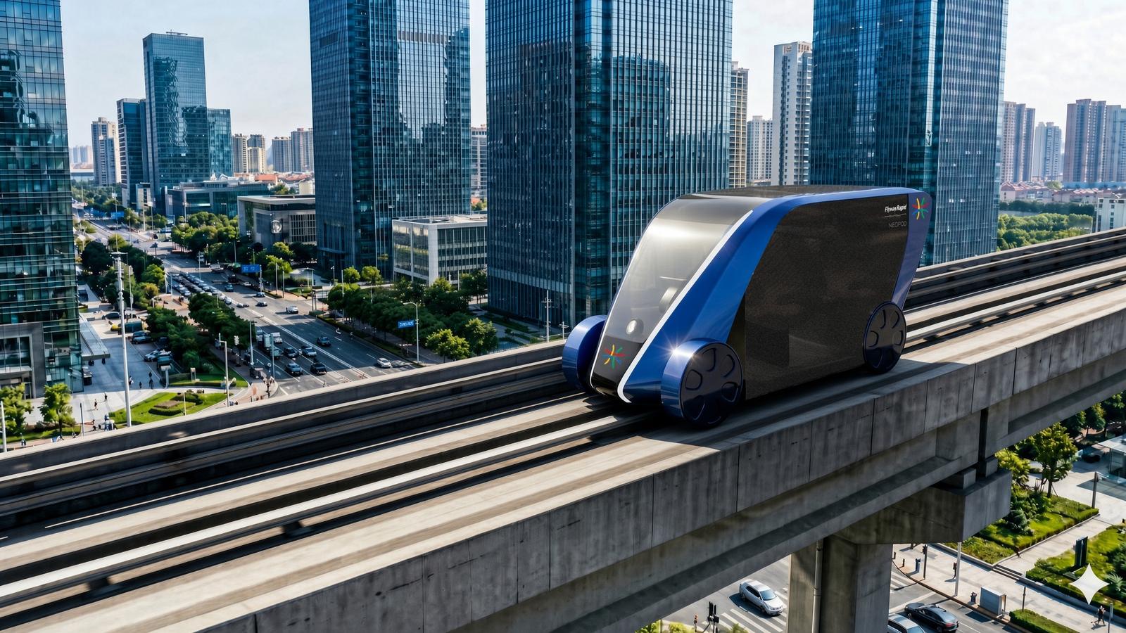 A FlywayRapid Neopod on an elevated urban guideway